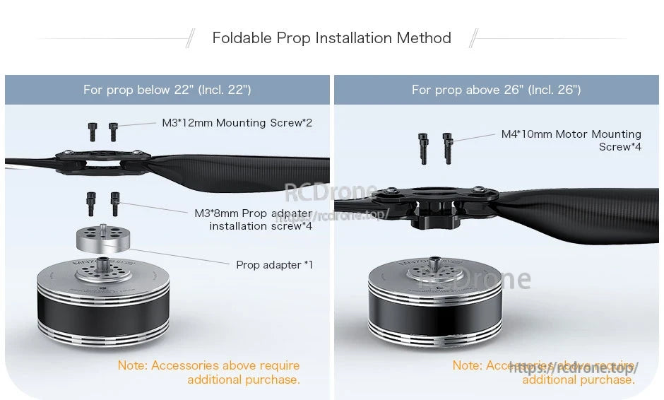 T-Motor foldable prop installation guide showing M3 and M4 mounting screws and optional prop adapter for different prop sizes