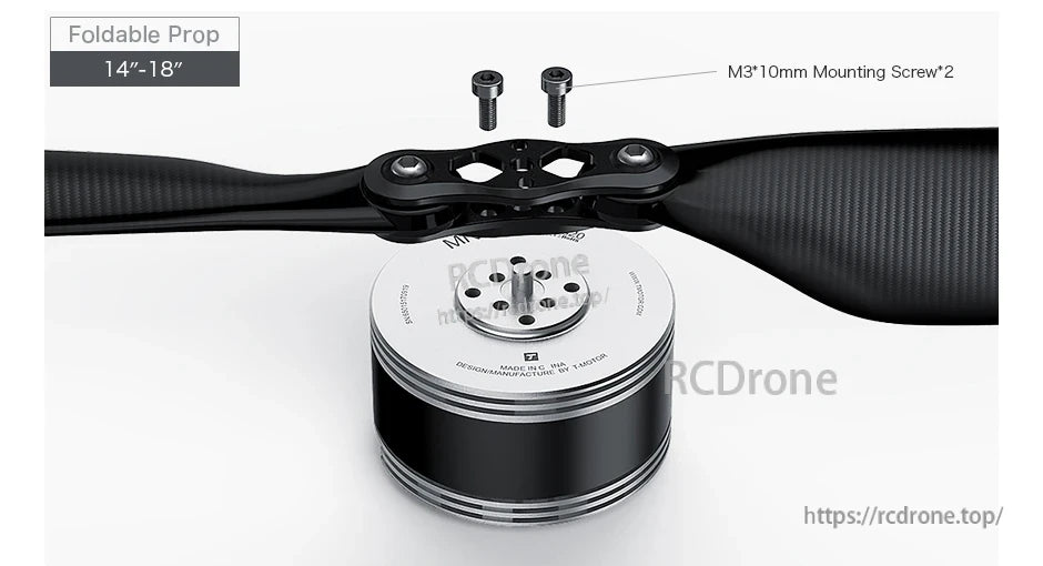 T-Motor foldable propeller (14–18 in) mounted on motor hub with two M3×10mm mounting screws