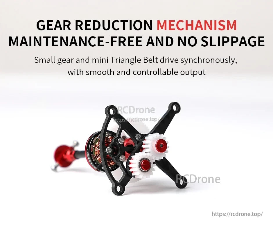 T-Motor gear reduction mechanism with motor mount frame and dual white spur gears for smooth, controllable output