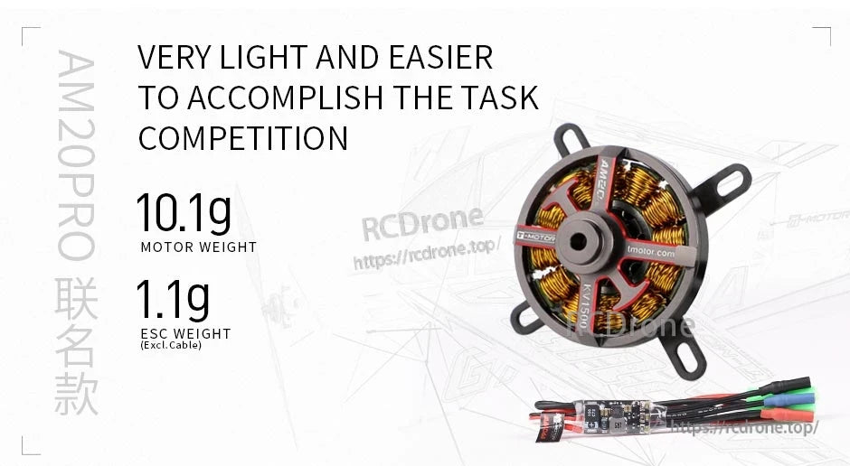 T-Motor AM20PRO KV1500 drone motor with matching ESC, showing 10.1g motor weight and 1.1g ESC weight