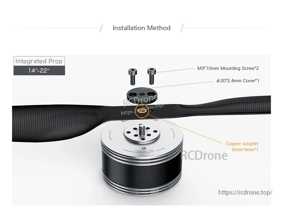 T-Motor integrated prop installation on motor, with M3x10mm screws, cover, and copper adapter