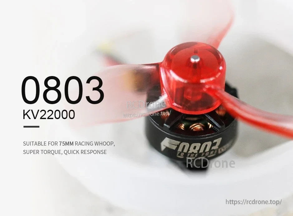 T-Motor F0803 22000KV micro brushless motor with red prop hub, labeled for 75mm racing whoop