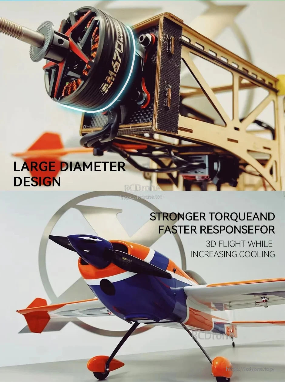 T-Motor large-diameter brushless outrunner motor mounted on an RC aircraft frame, with propeller plane view