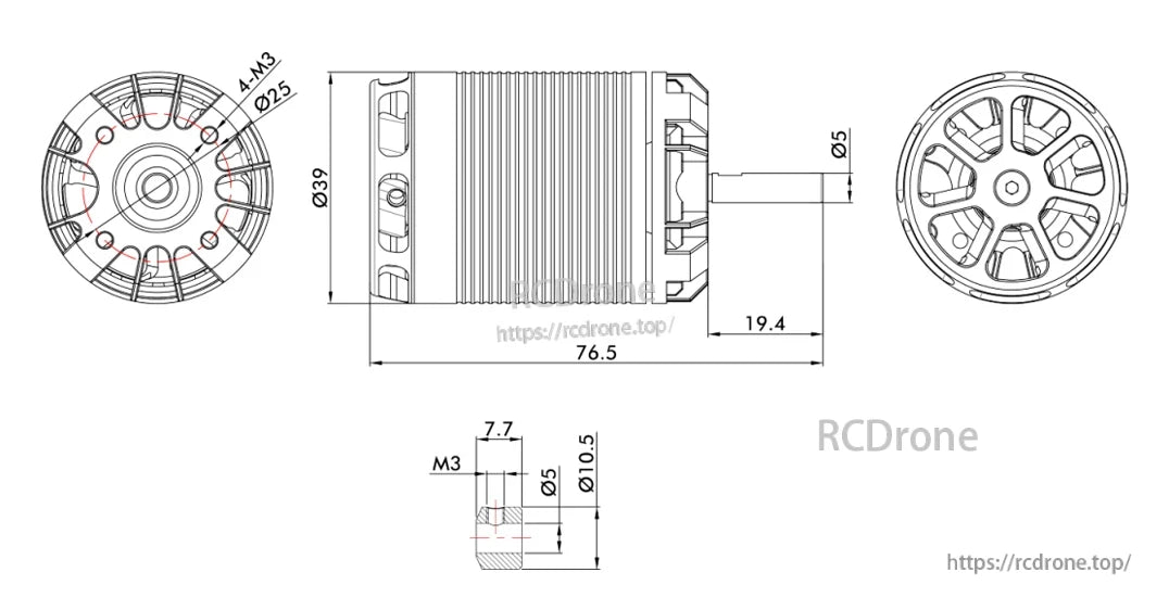 T-Motor motor dimension drawing with Ø39 body, 76.5 mm length, and 5 mm shaft with 4-M3 mounting holes
