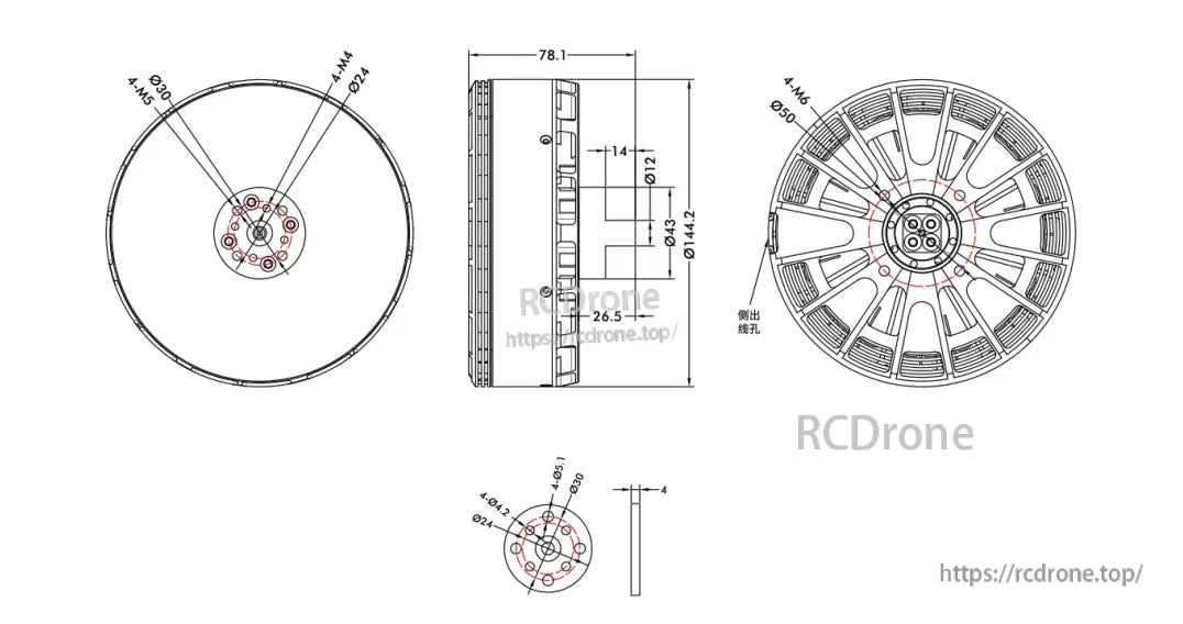 T-Motor motor dimension drawing with 78.1 mm length, 144.2 mm diameter, and 4×M6 (Ø50) mount pattern