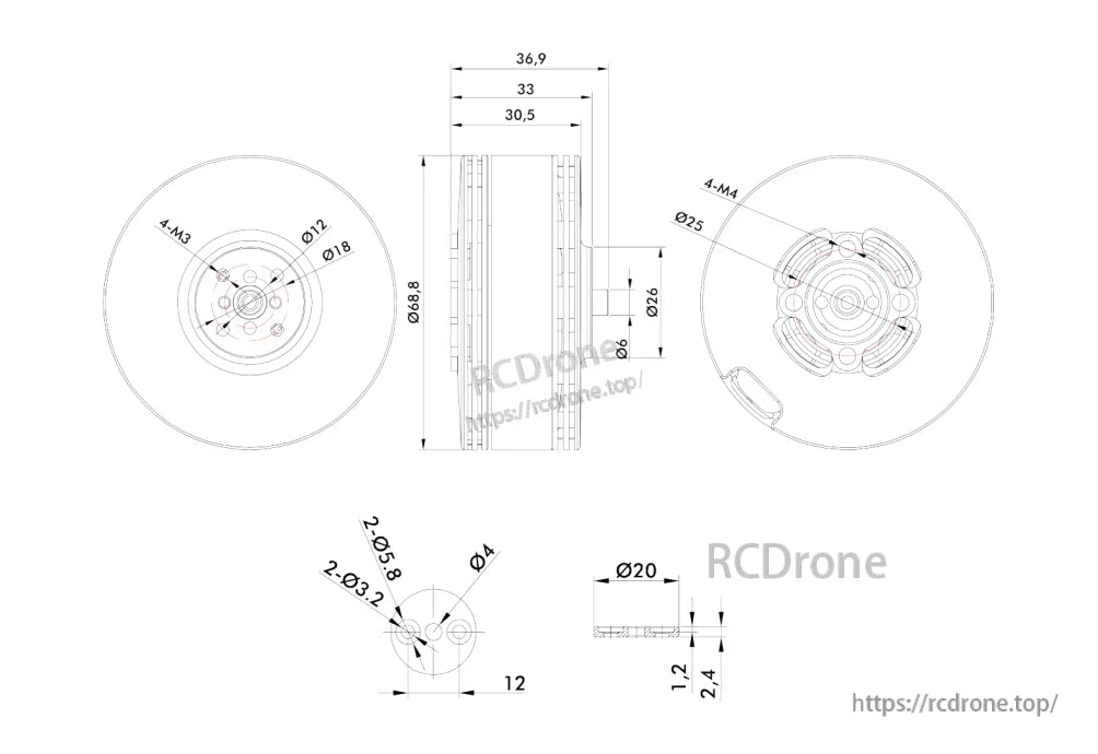 T-Motor motor mechanical drawing with overall dimensions, diameters, and M3/M4 mounting hole patterns