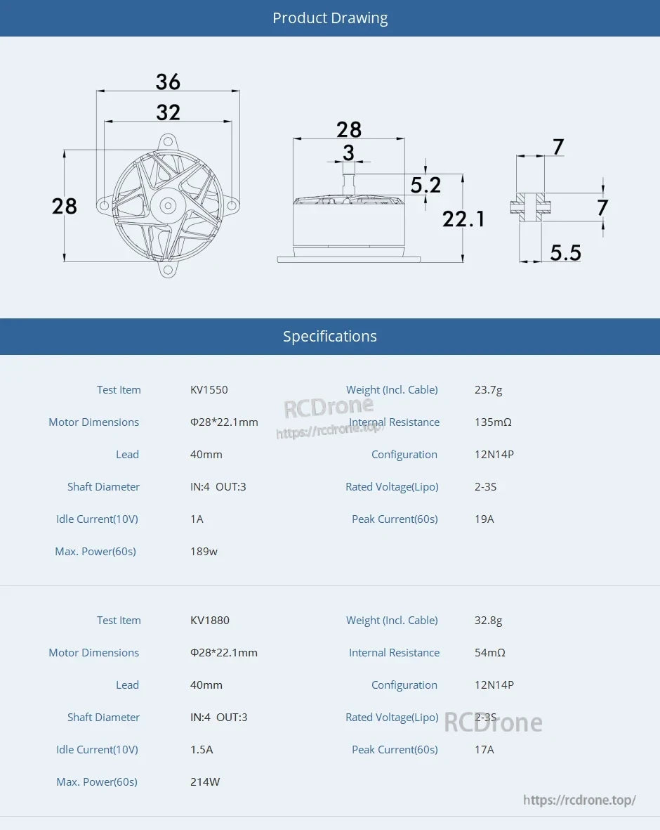 T-Motor product drawing with dimensions and specs for 28×22.1 mm motor, KV1550 and KV1880 options