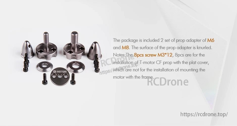 T-Motor prop adapter kit with two knurled adapters (M6 and M8), washers, plates, and M3×12 screws