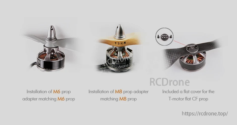 T-Motor prop adapter options showing M6 and M8 mounting and a flat cover for carbon fiber propellers