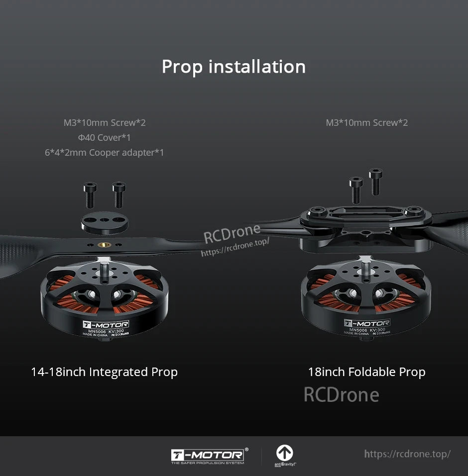 T-Motor prop installation diagram showing M3×10mm screws, Φ40 cover and adapter for integrated and foldable props