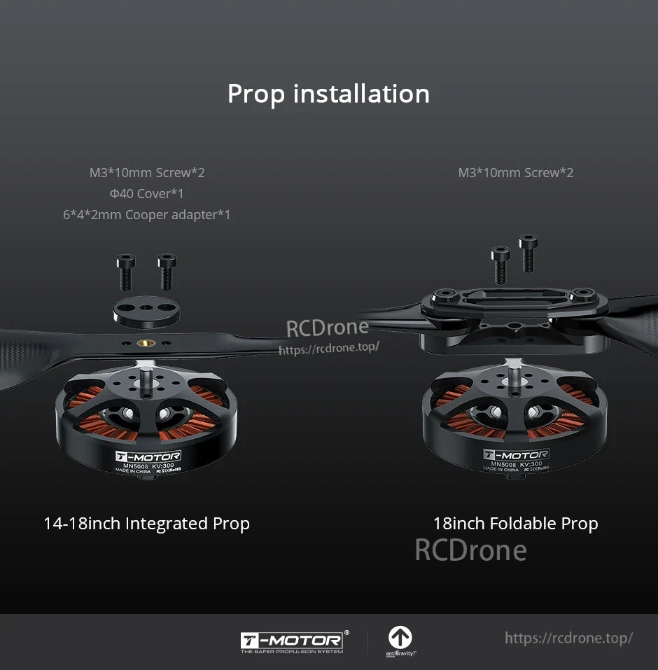 T-Motor prop installation diagram showing M3×10mm screws, Φ40 cover, and adapter for integrated and foldable props