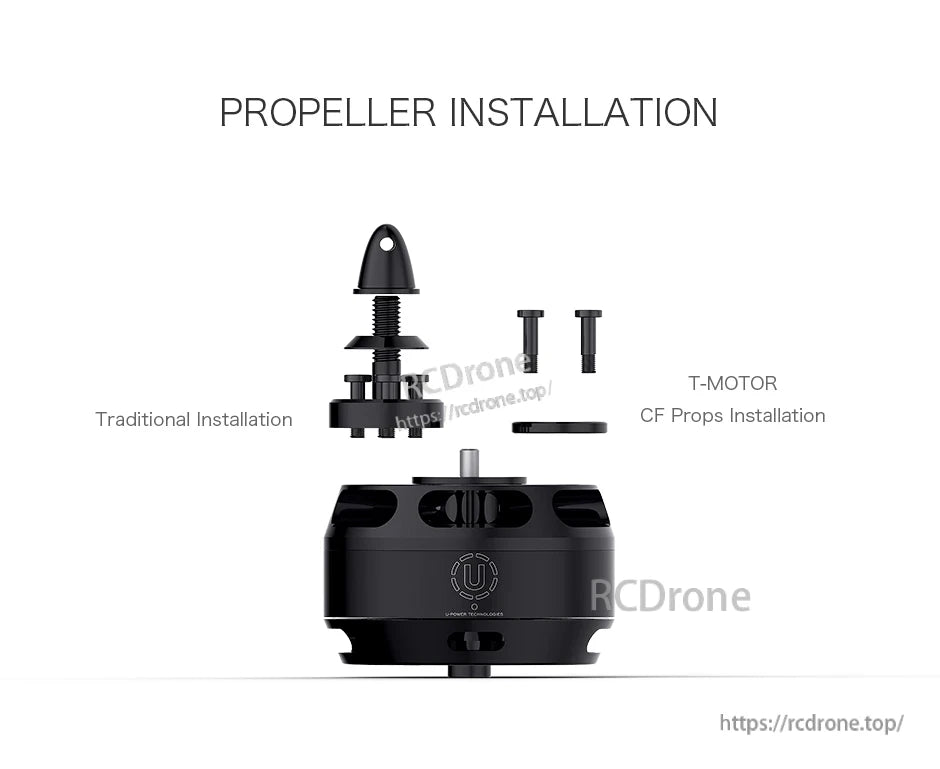 T-Motor propeller installation guide showing traditional mount and CF props mount with screws and adapter