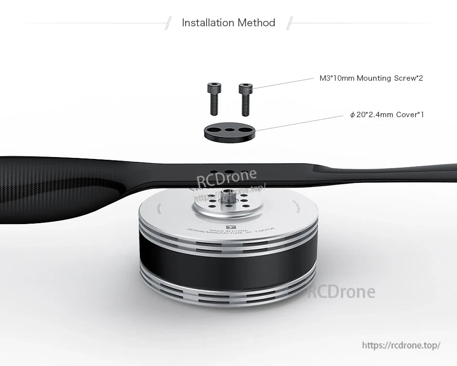 T-Motor propeller installation with two M3×10mm mounting screws and a 20×2.4mm cover on motor hub