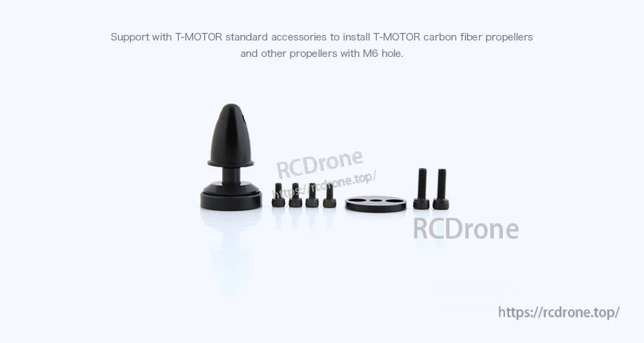 T-Motor propeller mounting accessory kit with spinner hub, adapter plate, and M6 screws for carbon fiber props