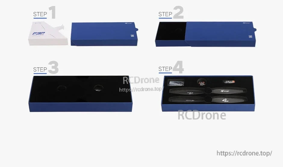 T-Motor propeller set packaged in a foam-lined blue box, with two propellers and small accessories included