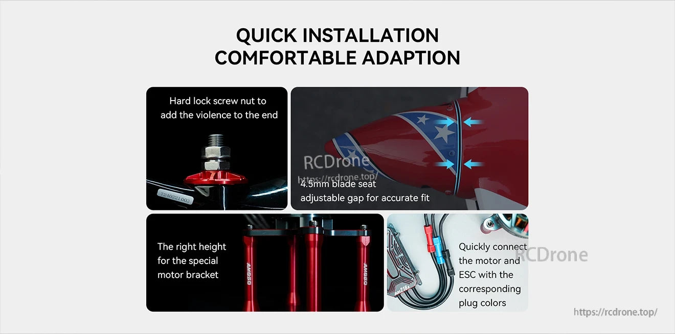 T-Motor quick installation features with lock nut, 4.5mm adjustable blade seat, and color-coded motor/ESC plugs