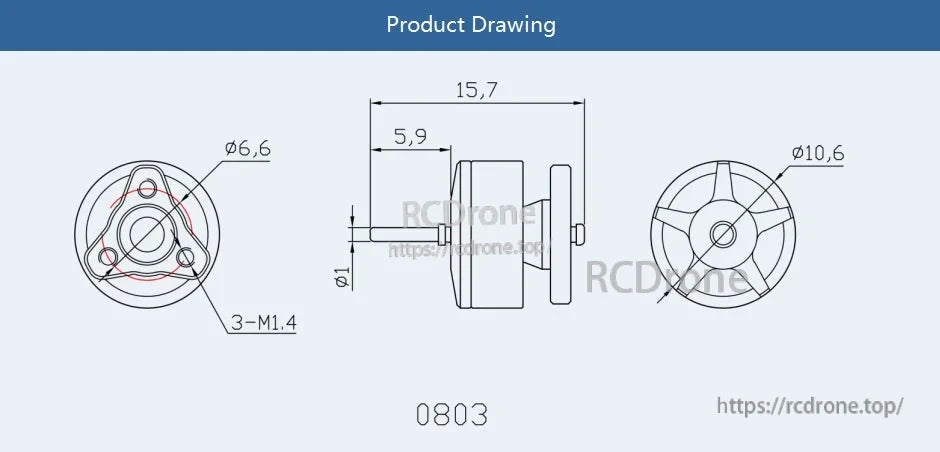 T-Motor 0803 micro brushless motor dimension drawing with 10.6 mm diameter and 3x M1.4 mounting pattern