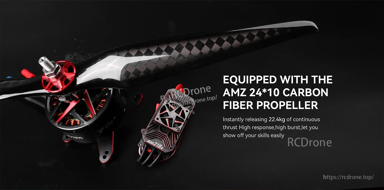 T-Motor setup with AMZ 24×10 carbon fiber propeller, brushless motor, and ESC on a dark background