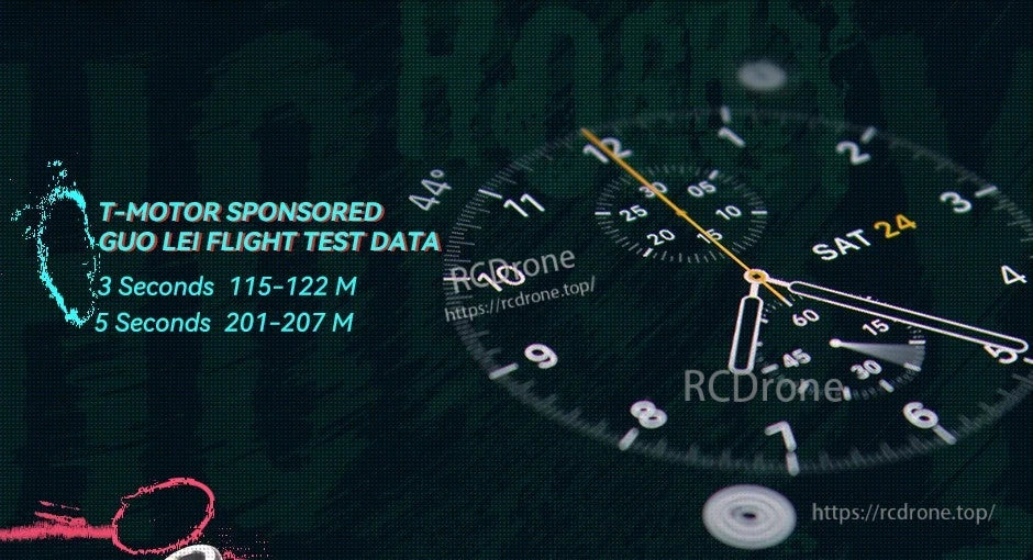 T-Motor sponsored Guo Lei flight test data graphic listing 3s 115–122 m and 5s 201–207 m results
