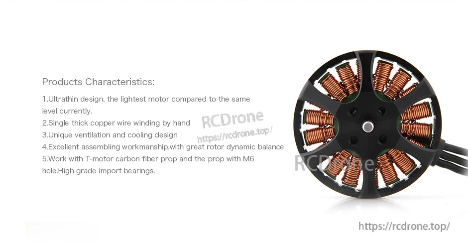 T-Motor ultrathin brushless drone motor with exposed copper windings, ventilated rotor, and three motor leads