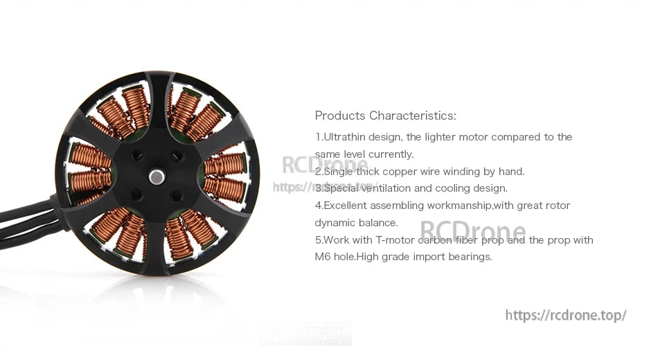 T-Motor ultrathin brushless outrunner motor close-up with exposed copper windings and three power leads