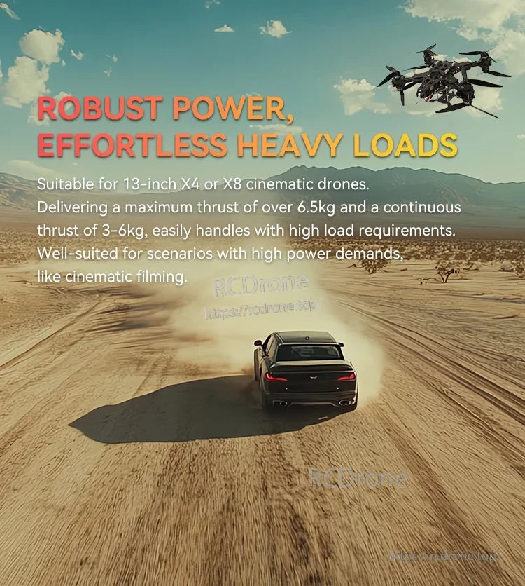 T-Motor promo graphic for 13-inch X4/X8 cinematic drones, stating over 6.5kg max thrust and 3–6kg continuous.