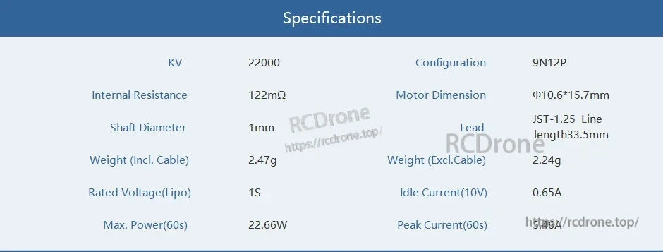 T-Motor specifications table listing 22000KV, 1S LiPo, 1mm shaft, 10.6×15.7mm size, and 2.47g weight