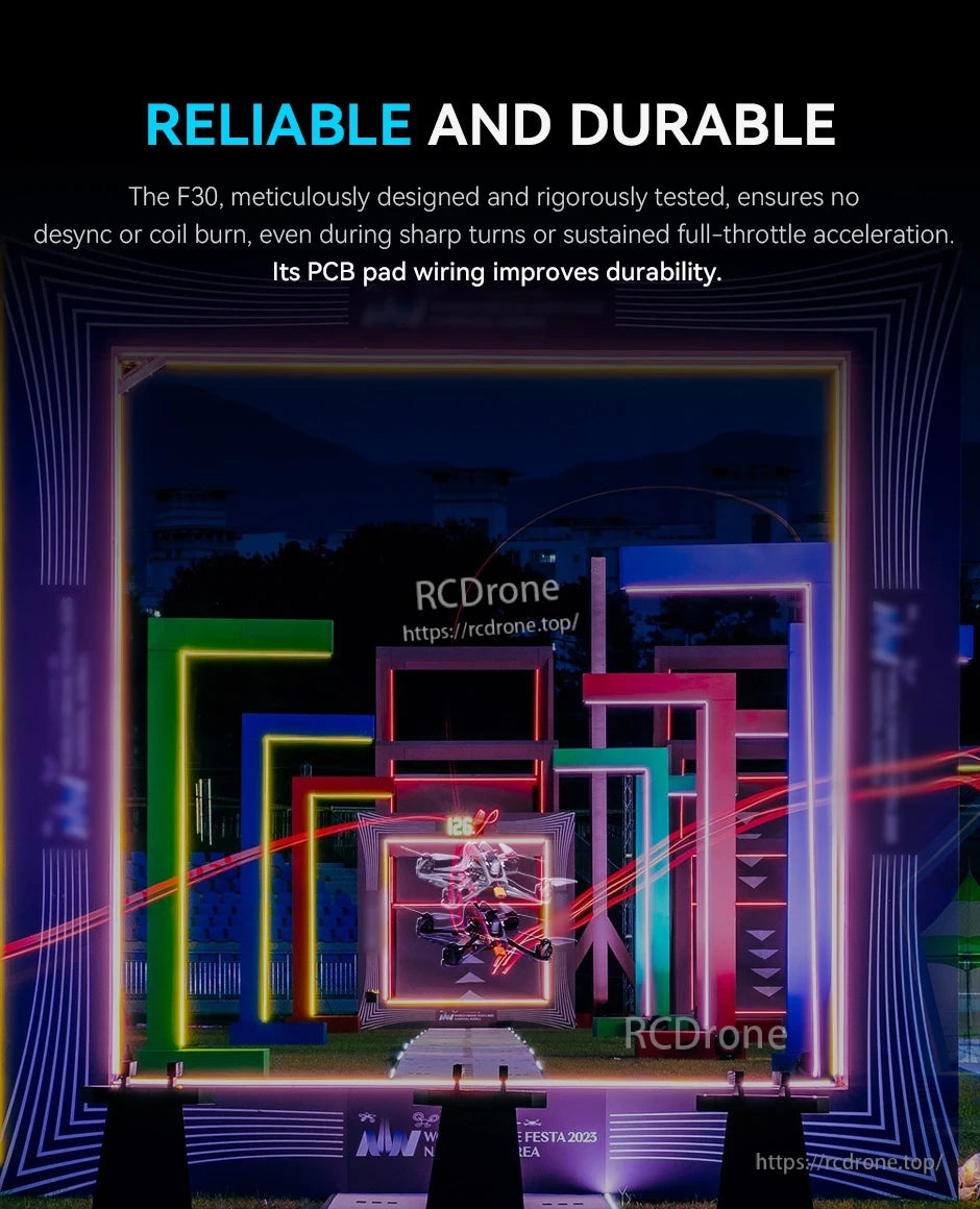 T-Motor F30 promotional graphic emphasizing reliable, durable design and PCB pad wiring for improved durability