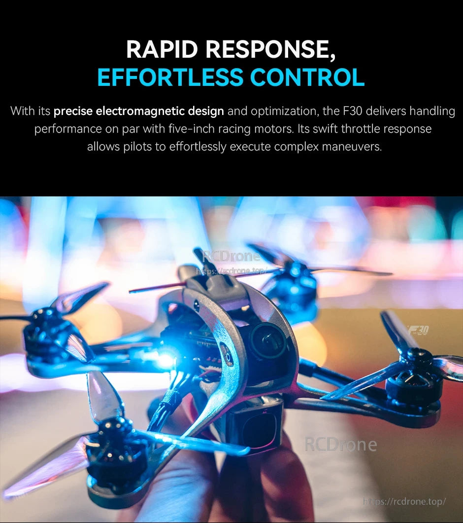 T-Motor, Compact FPV quadcopter drone with front camera and four propellers, lit in blue and purple tones