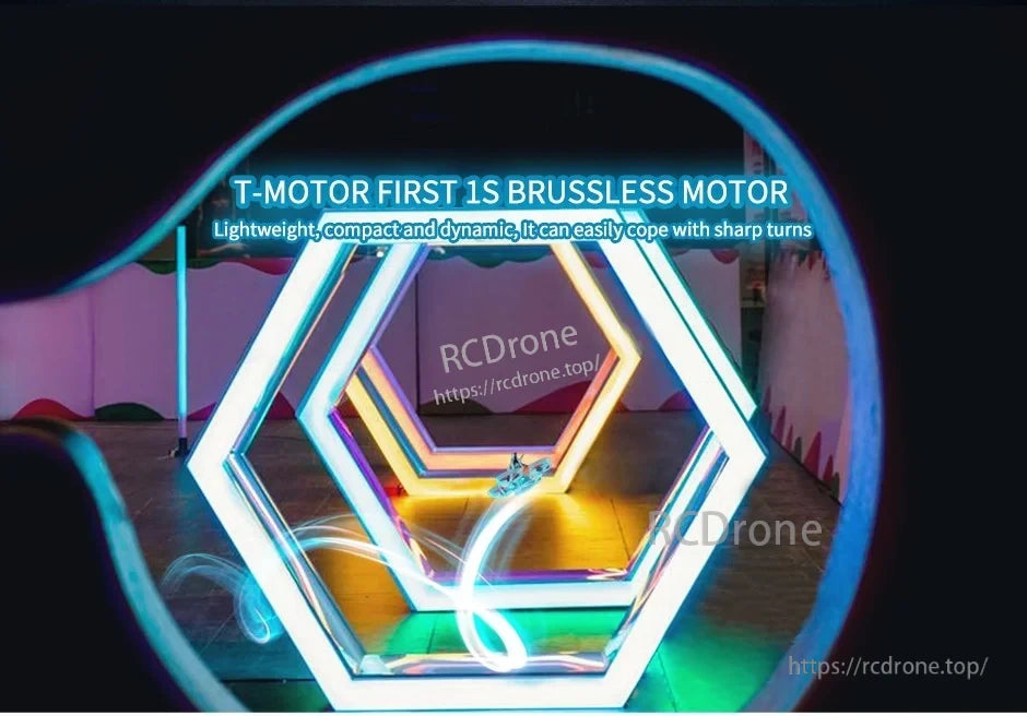Micro FPV drone racing through illuminated hexagon gates with “T-Motor 1S brushless motor” text overlay