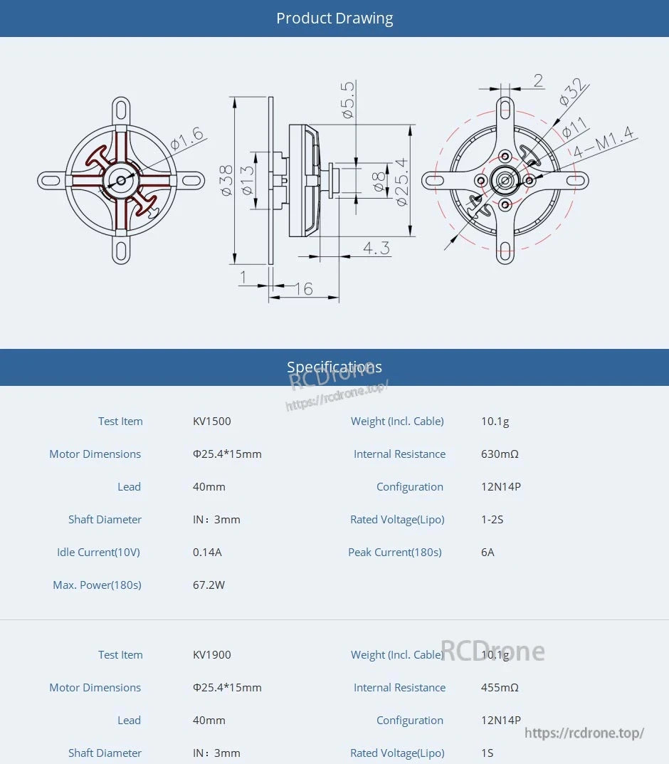 T-Motor mini brushless motor drawing with dimensions and specs table (25.4×15mm, 3mm shaft, KV1500/KV1900).