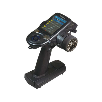 Futaba T6PV 2.4GHz 6-channel surface RC transmitter with LCD screen and steering wheel, angled view