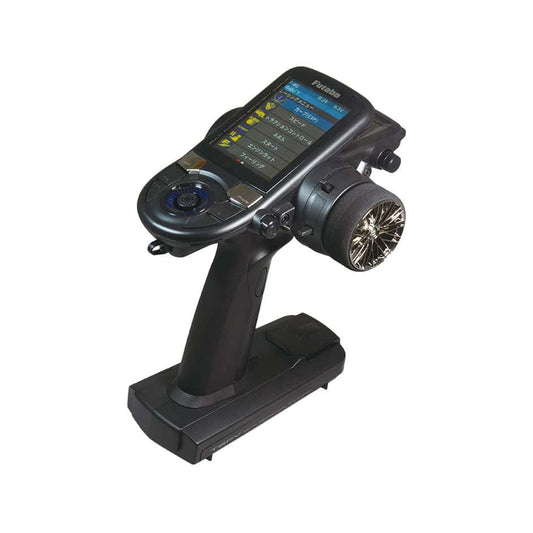 Futaba T6PV 2.4GHz 6-channel surface RC transmitter with LCD screen and steering wheel, angled view