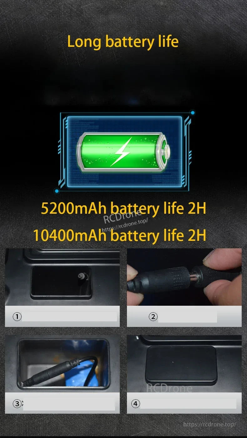 T888 GPS RC Boat, Long battery life: 5200mAh and 10400mAh options, both lasting 2 hours. Includes four-step battery installation guide.