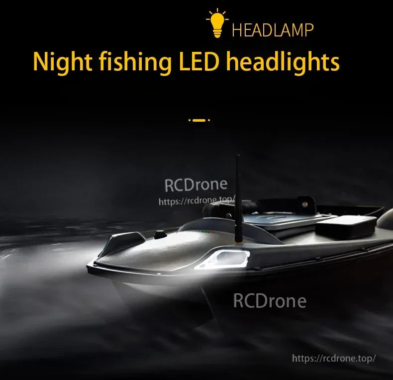 T888 GPS RC Boat, GPS RC boat for fishing with dual motors, 3KG load capacity, and 2 bait bins, featuring 500m range and smart one-key return function.