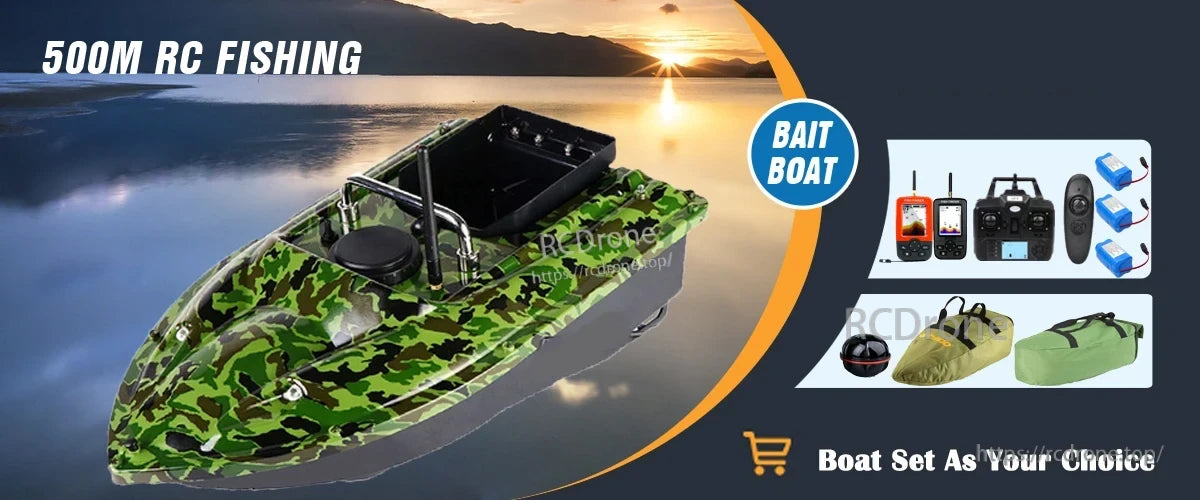 T888 GPS RC Boat, GPS-enabled 500M RC fishing bait boat with remote control, batteries, and carry case for convenient, precise bait delivery.