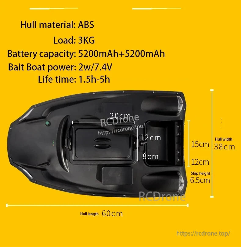 T888 GPS RC boat: ABS hull, 3kg load, dual 5200mAh batteries, 2W/7.4V, 1.5-5h runtime, 60x38x6.5cm size.
