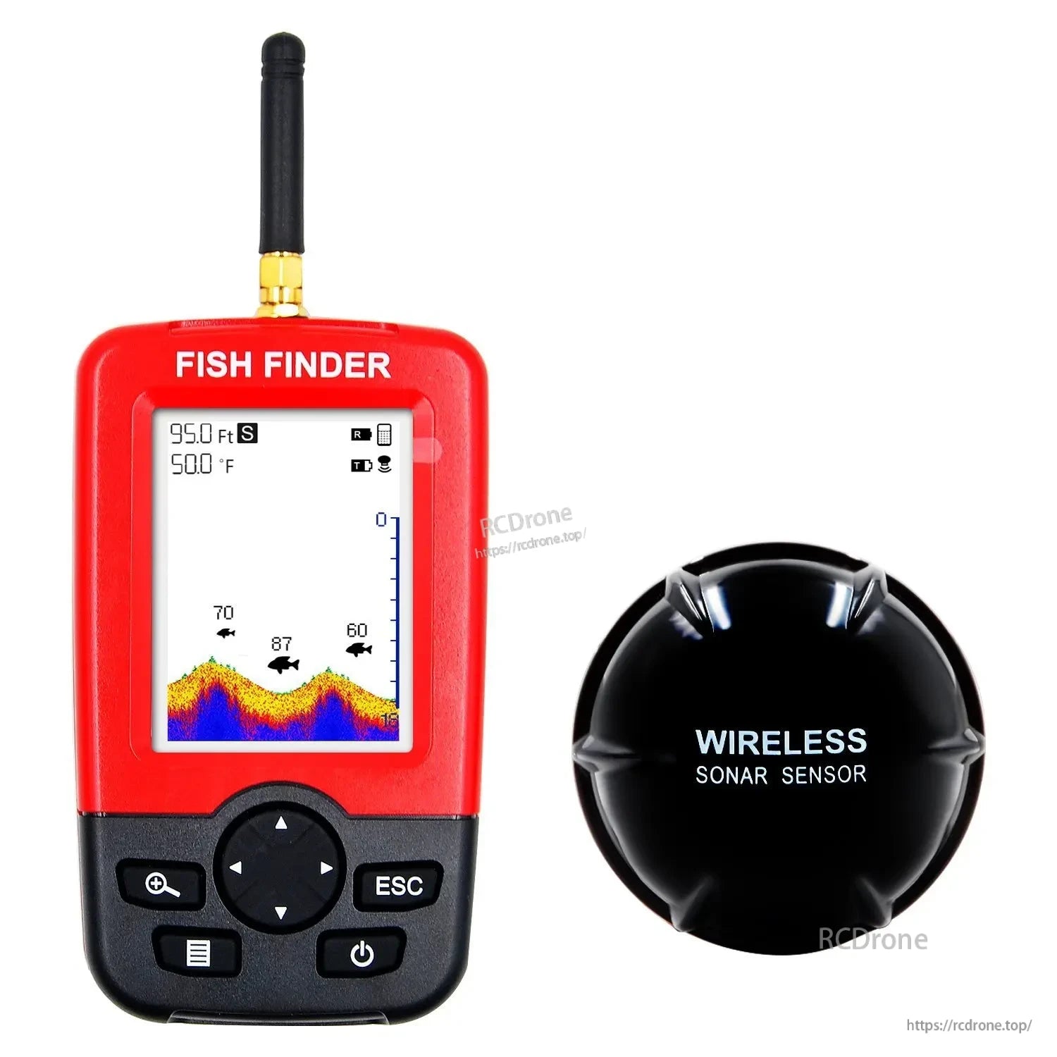 T888 GPS RC Boat, Wireless sonar fish finder displays depth, water temperature, and fish icons on screen for easy underwater detection.