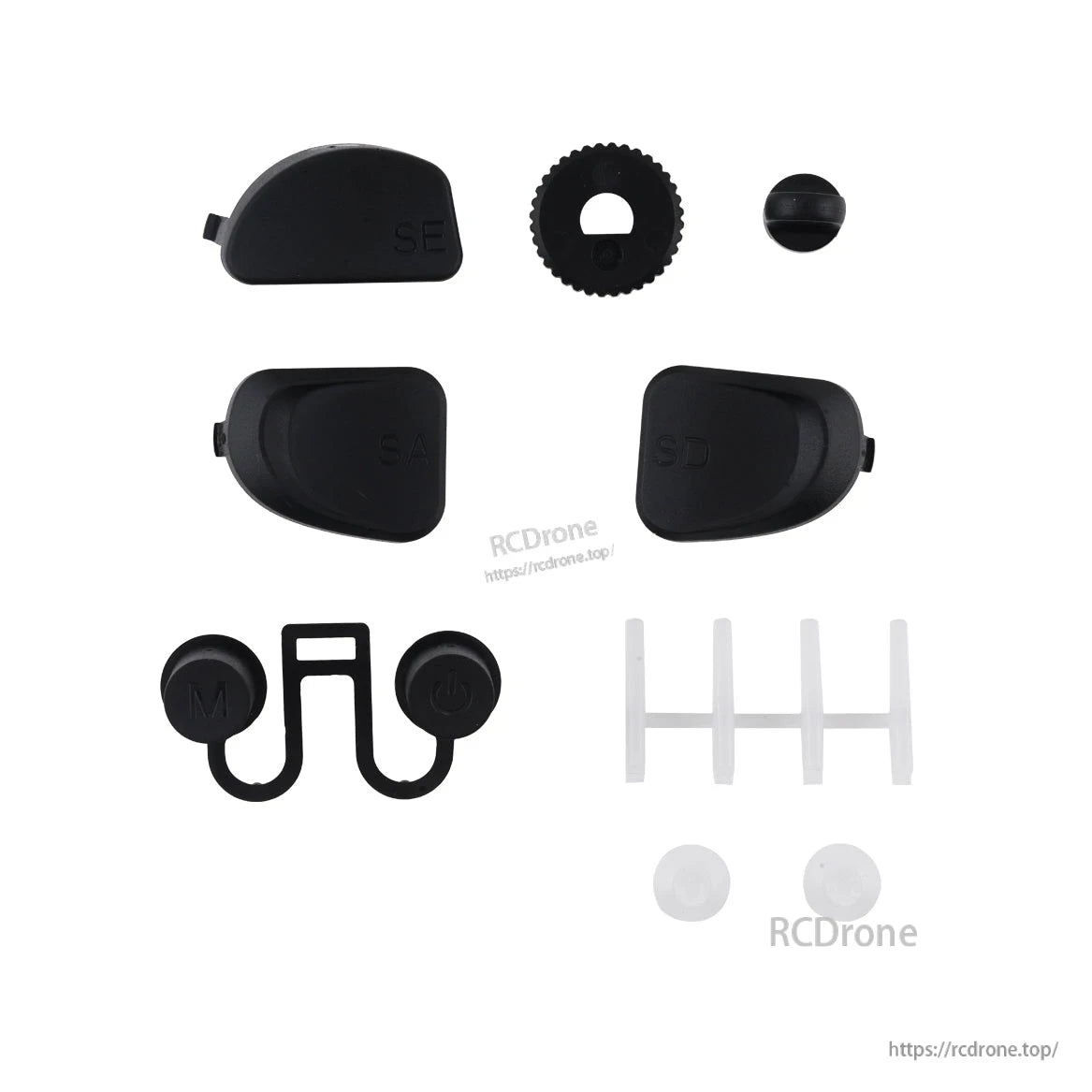 T8L radio button pack replacement set, assorted exterior buttons and caps laid out on white background