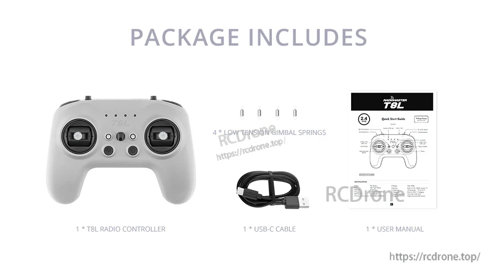 Package contents: T8L radio controller, USB-C cable, low-tension gimbal springs, and user manual