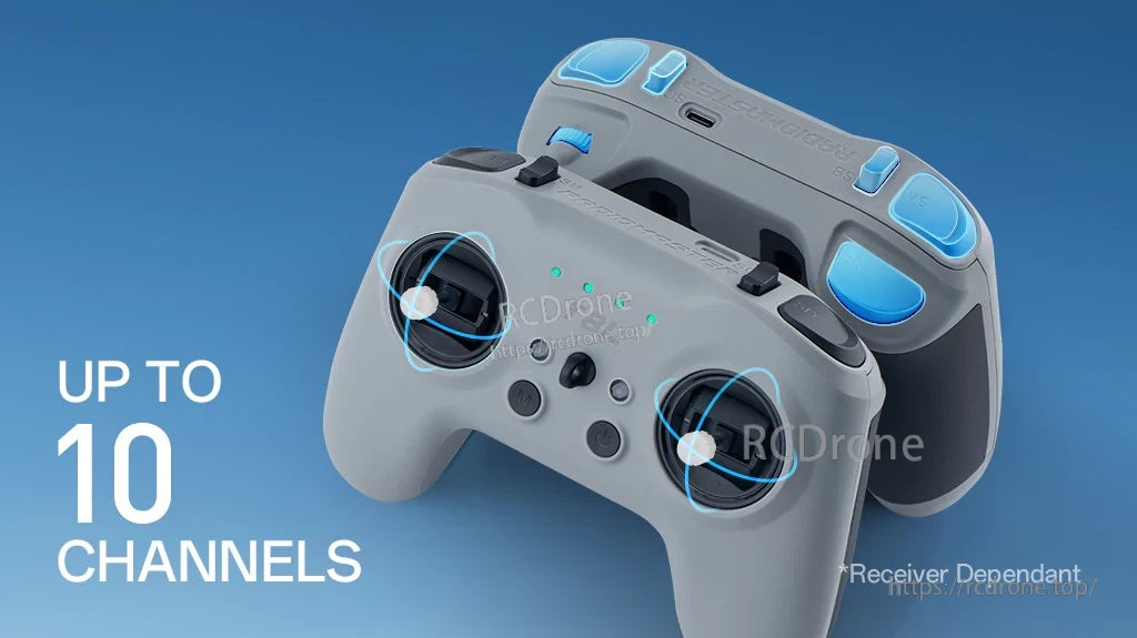RadioMaster T8L controller highlighting up to 10 channels (receiver dependent) with compact gamepad form