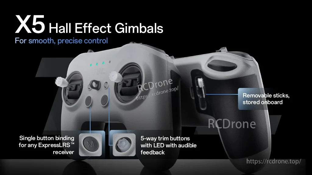 Side angle of T8L showing X5 Hall-effect gimbals, 5-way trim buttons, and onboard removable stick storage