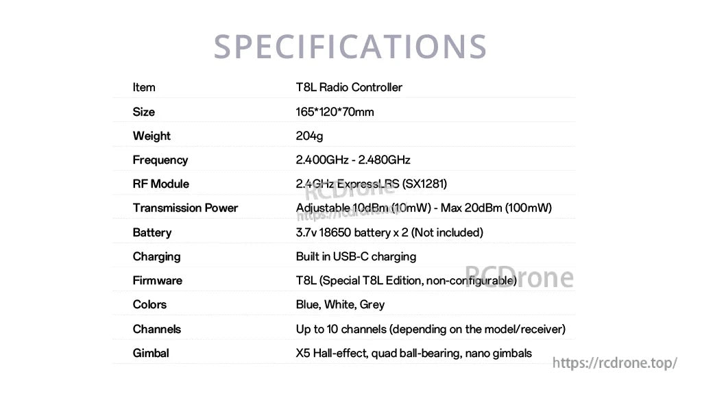 Specifications table for RadioMaster T8L listing size, weight, frequency, ExpressLRS module, and power output