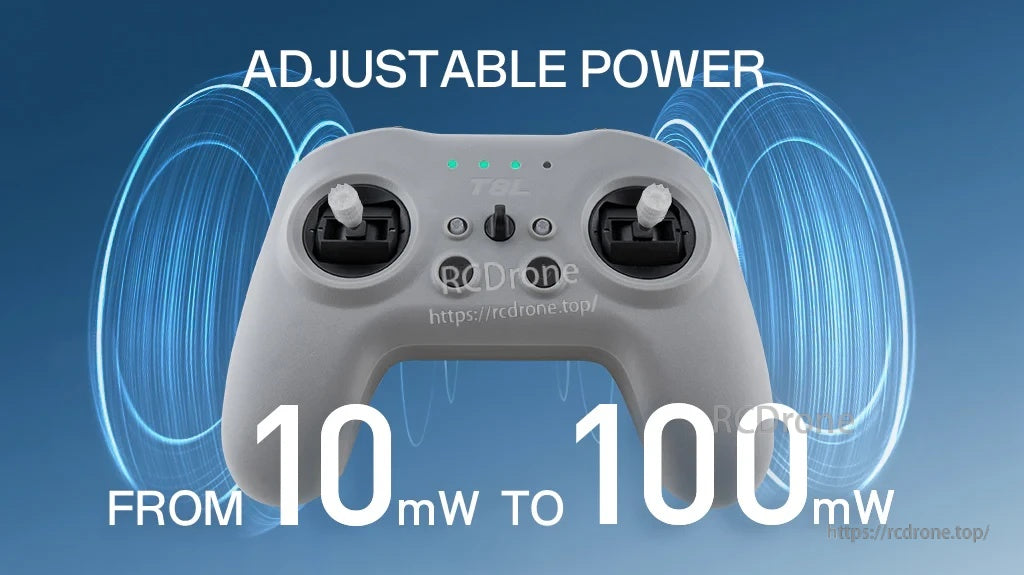 Front view of RadioMaster T8L showing adjustable transmit power range from 10mW to 100mW