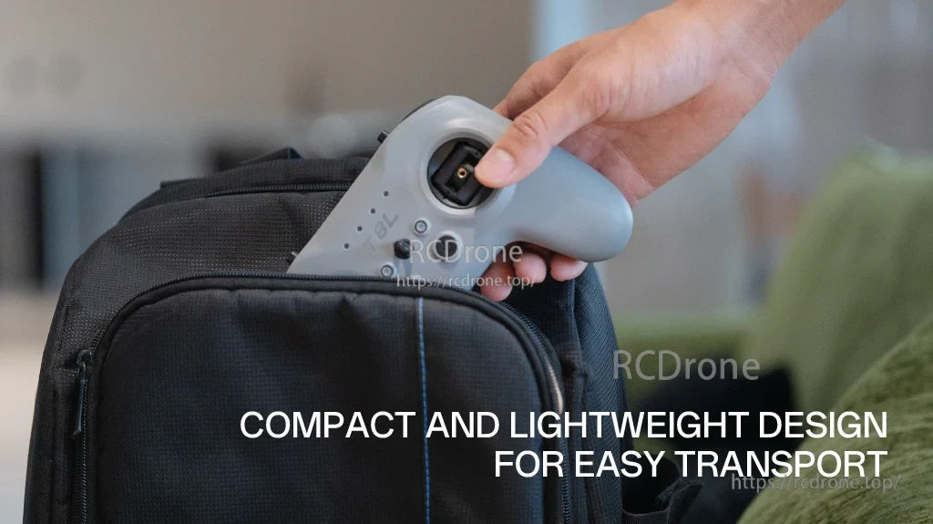 Hand placing the compact T8L controller into a backpack, emphasizing travel-friendly lightweight design