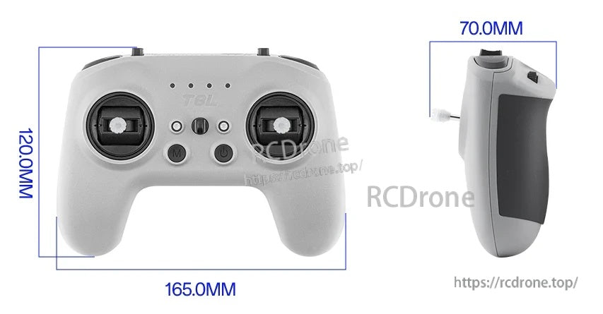 RadioMaster T8L dimensions diagram showing 165mm width, 120mm height, and 70mm depth