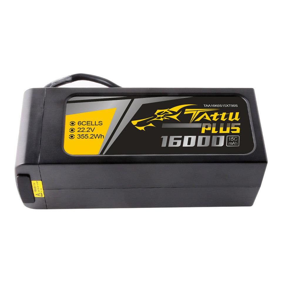 Tattu Plus 16000mAh 6S 15C 22.2V Lipo Battery, High-performance battery pack with 22.2V, 15C discharge, and 75C peak current for demanding applications.