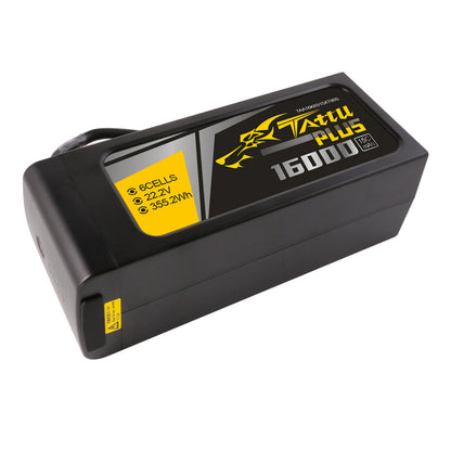 Tattu Plus 16000mAh 6S 15C 22.2V Lipo Battery, Tattu Plus 16000mAh battery pack: 6-cell, 22.2V, 355.2Wh capacity for high-drain use.
