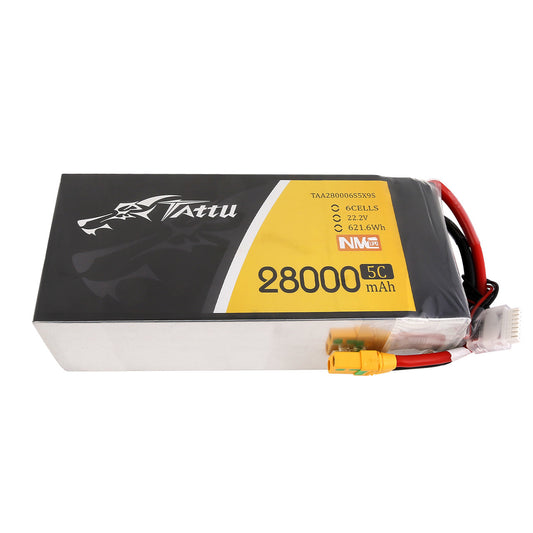 Tattu 28000mAh 6S 5C 22.2V NMC Lipo Battery, High-capacity Li-ion battery pack with XT90S plug, suitable for power-hungry devices.