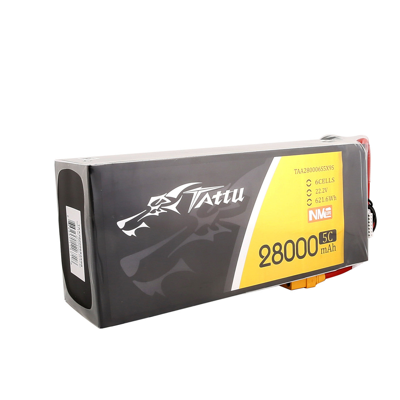Tattu 28000mAh 6S 5C 22.2V NMC Lipo Battery, Battery pack with lithium-ion cells, 22.2V voltage, and 621.6Wh capacity for powering devices.